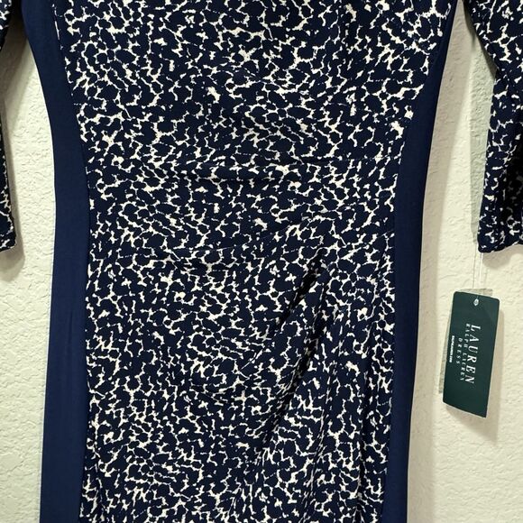 NEW Lauren Ralph Lauren Navy Tan Leopard Sheath Dress Womens 4 LRL Stretch Lined - Picture 4 of 12